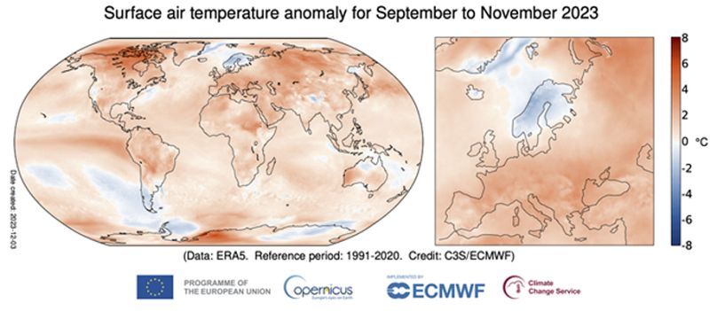 Surface air temperature anomaly for September to November 2023