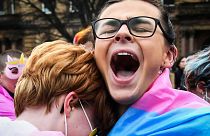 Trans Rights activists react while taking part in the "Furies against Fascism" counter protest to the "Let Women Speak" rally in Glasgow, on February 5, 2023.