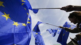 Сторонники Евросоюза размахивают флагами ЕС в Берлине, Германия.