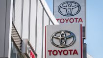 This picture taken on October 31, 2022 shows the logo of Toyota Motor displayed at a car showroom in Tokyo.