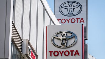 This picture taken on October 31, 2022 shows the logo of Toyota Motor displayed at a car showroom in Tokyo.