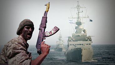 A Houthi member, left, and an Israeli warship in the Red Sea, right.