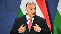 Hungarian Prime Minister Viktor Orban holds his annual press conference in the Carmelita monastery in Budapest on Thursday
