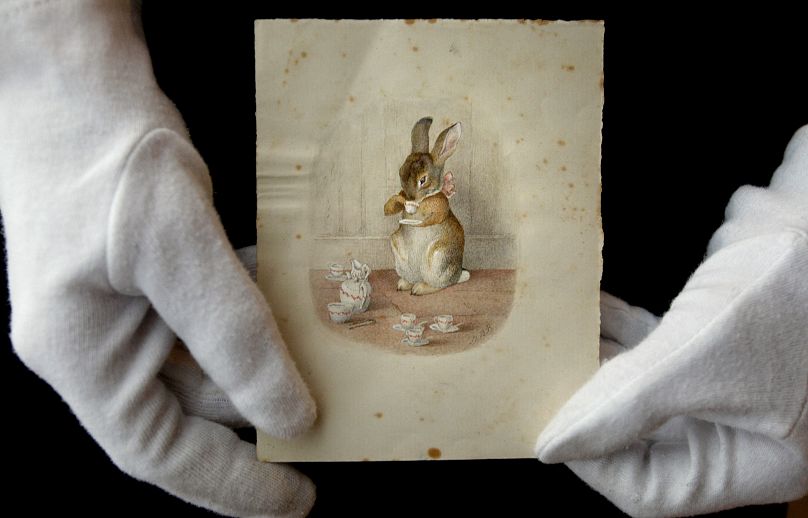 A Beatrix Potter illustration is displayed at Bonhams auction house in London, Tuesday, Nov. 4, 2008.