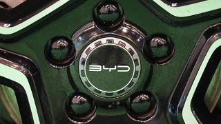 The wheels of an electric car of Chinese car maker BYD is on display at the Essen Motor Show in Essen, Germany