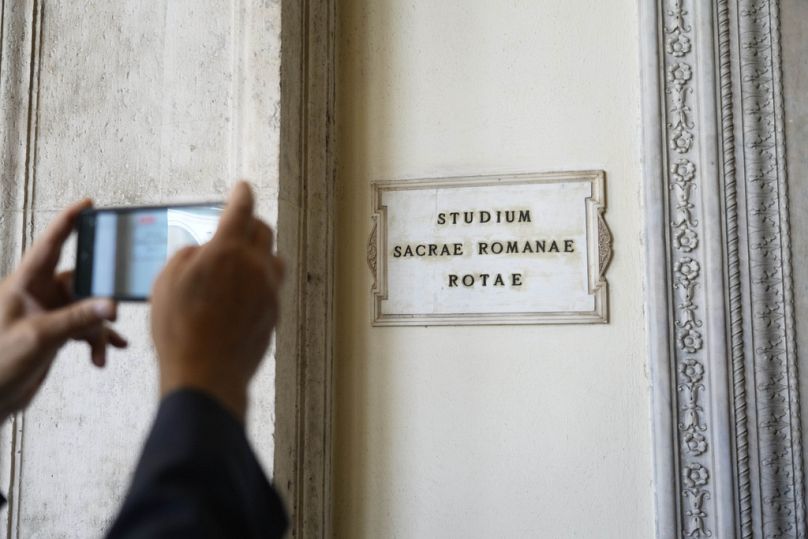 A plaque indicates a Sacra Rota studio inside Palazzo della Cancelleria a renaissance building in the center of Rome that holds the Vatican supreme court, September 2023