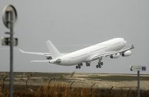 The plane grounded by police at the Vatry airport takes off Monday, Dec. 25, 2023 in Vatry, eastern France.