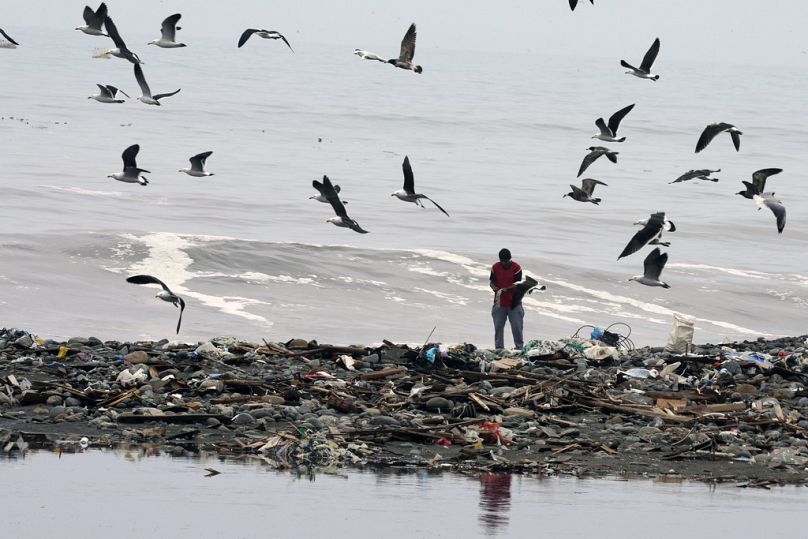 A man walks on Marquez beach where garbage covers the banks of the Chillon River and the Pacific Ocean in Callao, Peru, August 2023