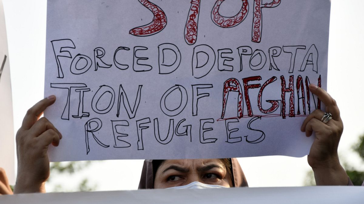 Pakistan'ın başkenti İslamabad'da Afgan göçmenlerin zorla sınır dışı edilmesine karşı gösteri eylem yapan bir kadın