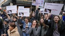 Students shout slogans during university students protest in Belgrade, Serbia, Wednesday, Dec. 27, 2023. 