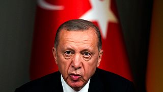 FILE - Turkey's President Recep Tayyip Erdogan talks to journalists during a joint news conference with Ukraine's President Volodymyr Zelenskyy, 8 July, 2023. 