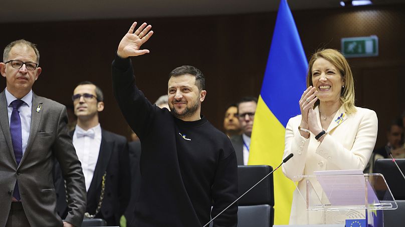 Volodymyr Zelenskyy greets the European Parliament in Brussels