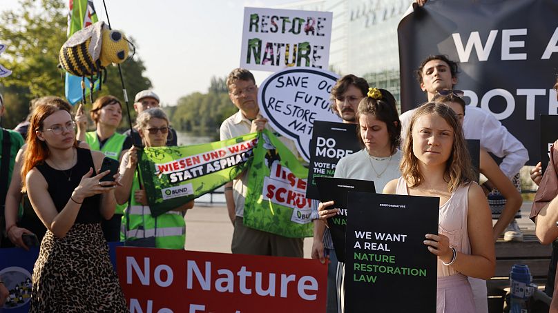 Swedish climate activist Greta Thunberg and other activists attend a demonstration ahead of the vote on the Nature Restoration Law, July 11