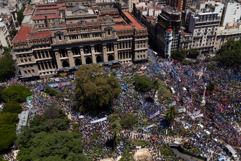 Members of the Argentine Workers' General Confederation and social organisations protest against the economic reforms of Argentine President Javier Milei