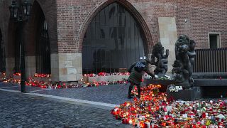 Женщина кладет цветы к мемориалу у входа в университет, где произошло массовое убийство
