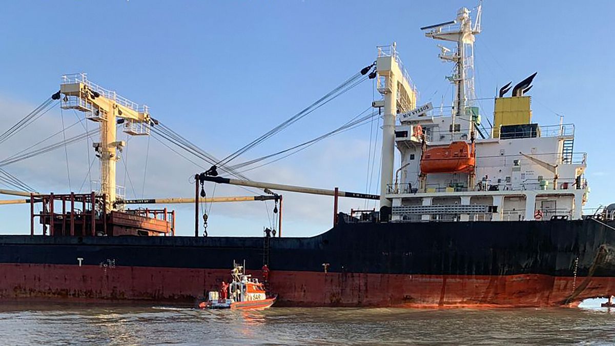 A Panama-flagged civilian cargo vessel is seen in Ukraine's Odesa region, December 2023.