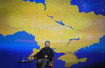 Ukrainian President Volodymyr Zelenskyy during his end-of-the-year news conference in Kyiv, Ukraine, Tuesday, Dec. 19, 2023. 