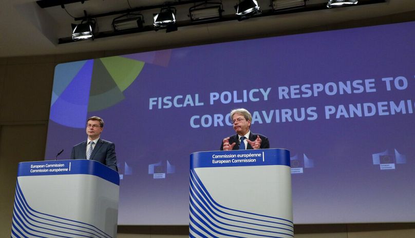 European Commissioner for Economy Paolo Gentiloni and European Commissioner for an Economy that Works for the People Valdis Dombrovskis in Brussels, March 2021
