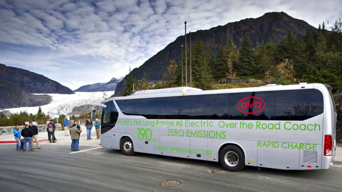 Oct. 6, 2015, an electric motor coach provided by BYD Auto Co., Ltd., a Chinese automobile manufacturer and Alaska Coach Tours stops at the Mendenhall Glacier Visitors Center 