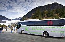Oct. 6, 2015, an electric motor coach provided by BYD Auto Co., Ltd., a Chinese automobile manufacturer and Alaska Coach Tours stops at the Mendenhall Glacier Visitors Center 