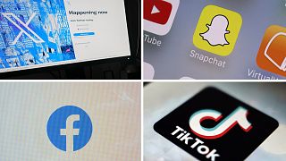 This combination of photos shows logos of X, formerly known as Twitter, top left; Snapchat, top right; Facebook, bottom left; and TikTok, bottom right.