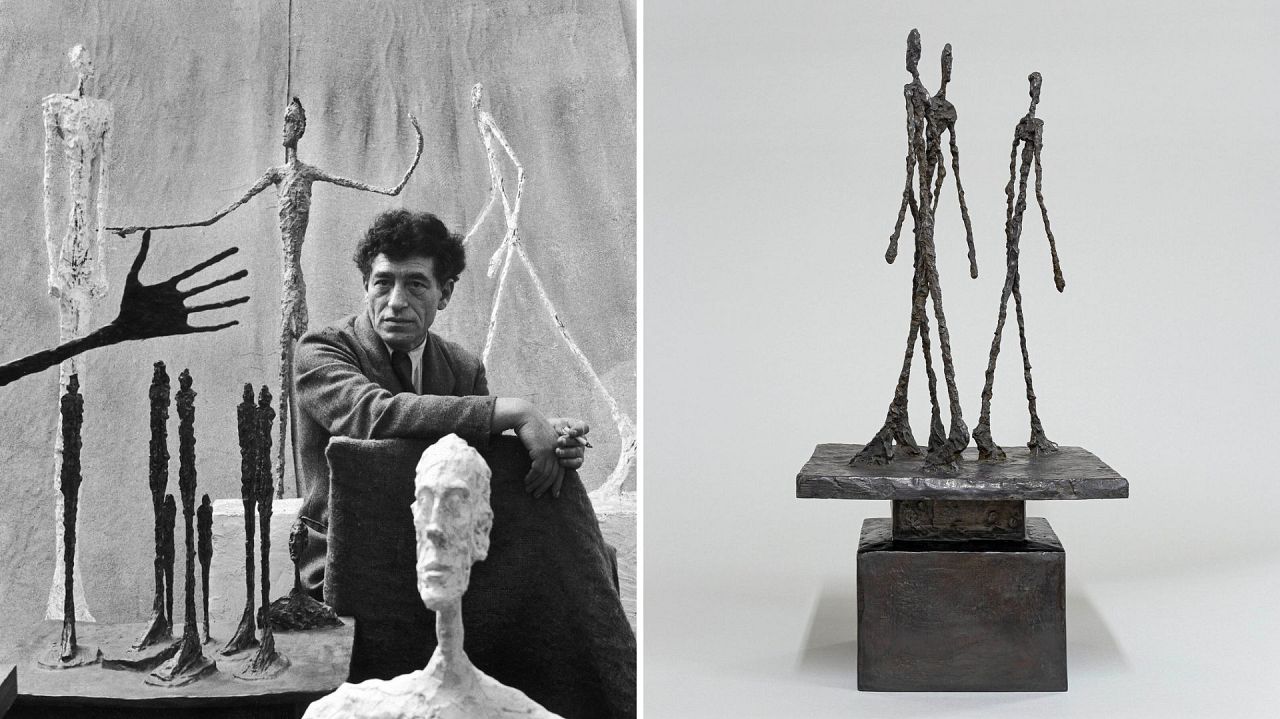 Alberto Giacometti pictured on the left. Three Walking Men by Alberto Giacometti pictured on the right