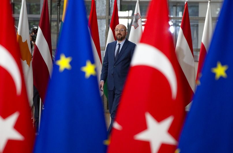 European Council President Charles Michel arrives for a meeting with Turkish President Recep Tayyip Erdogan at the European Council building in Brussels, March 2020