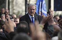 Sali Berisha, leader of the opposition Democratic Party, speaks to his supporters An Albanian court on Saturday,