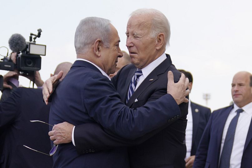 President Joe Biden is greeted by Israeli Prime Minister Benjamin Netanyahu after arriving at Ben Gurion International Airport in October in Tel Aviv