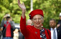 Denmark's Queen Margrethe II waves to visitors during her visit in Flensburg, northern Germany, Wednesday, Sept. 4, 2019.