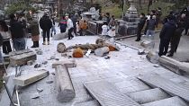 A torii gate is damaged after an earthquake at a shrine in Kanazawa, Ishikawa prefecture, Japan Monday, Jan. 1, 2024.