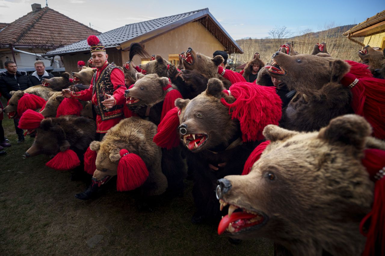 Members of the Sipoteni bear pack strike the final pose of their performance in Preluci, northern Romania, 26 December 2023.