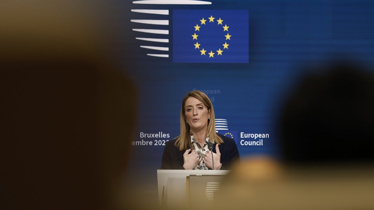 European Parliament President Roberta Metsola speaks during a media conference at an EU summit in Brussels, Thursday, Dec. 14, 2023.