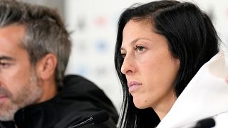 FILE - Spain's Jennifer Hermoso, right, and head coach Jorge Vilda listens to reporters questions, Aug. 14, 2023.  during a press conference