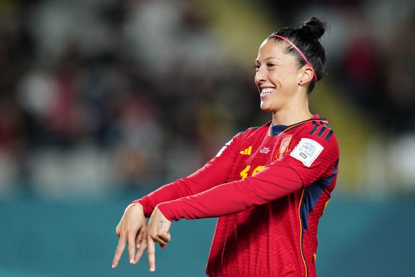 FILE - Spain's Jennifer Hermoso celebrates after scoring her side's second goal during the Women's World Cup