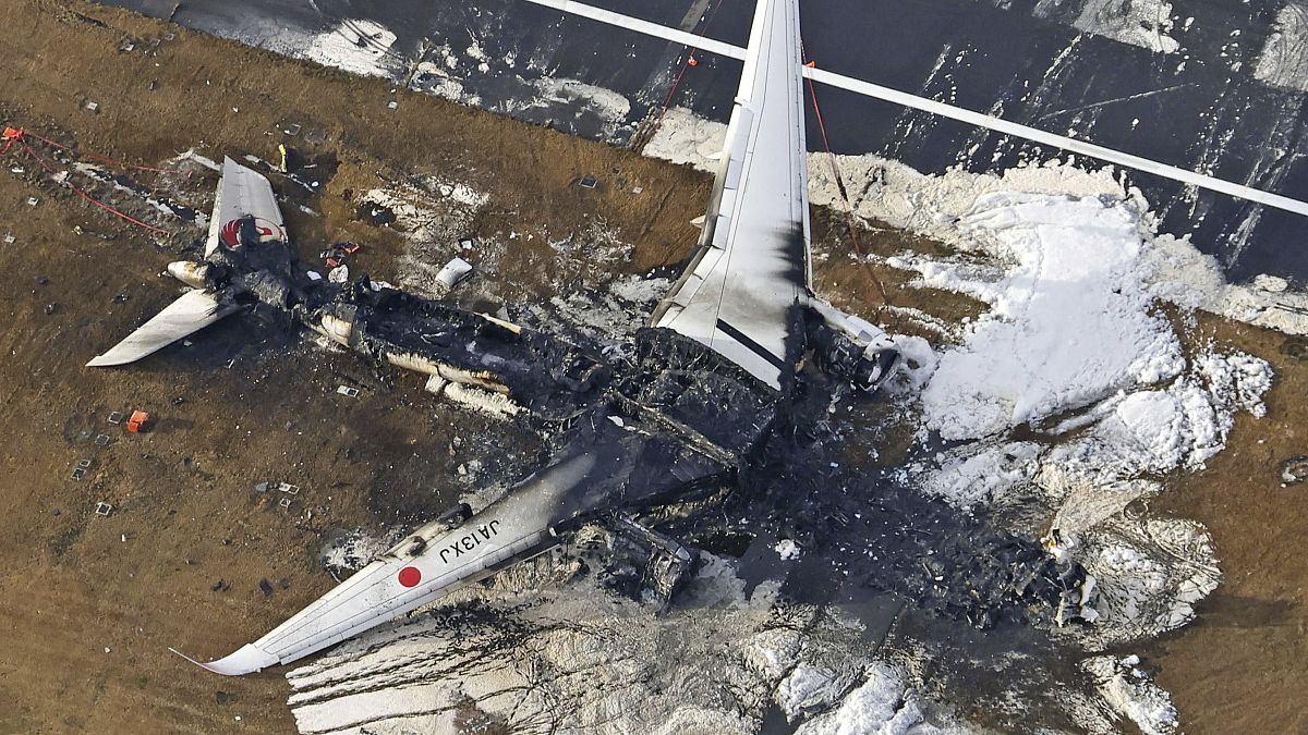 طائرة الخطوط الجوية اليابانية المحترقة في مطار هانيدا في طوكيو. 2024/01/03