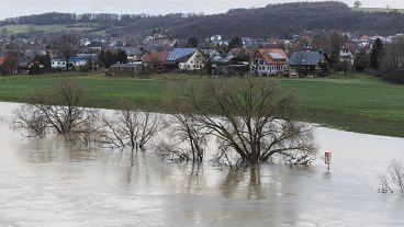 View of the river Weser in flood in Vlotho, Germany, Wednesday, Jan. 3, 2024.