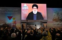 Hezbollah leader Sayyed Hassan Nasrallah speaks via a video link during a ceremony in Beirut, Lebanon, Wednesday, Jan. 3, 2024.