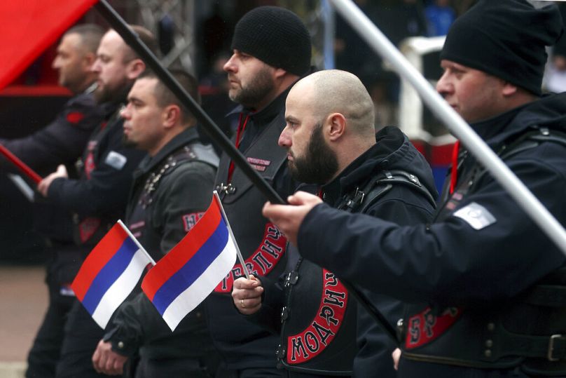 Local members of Russian Night Wolves Motorcycle Club march during a parade marking the anniversary of the Republika Srpska in Istocno Sarajevo, 9 January 2022