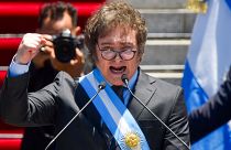 FILE- Argentina's newly sworn-in President Javier Milei speaks outside the Congress in Buenos Aires, Argentina, Dec. 10, 2023. 