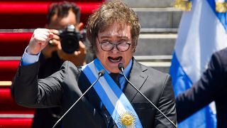 FILE- Argentina's newly sworn-in President Javier Milei speaks outside the Congress in Buenos Aires, Argentina, Dec. 10, 2023. 