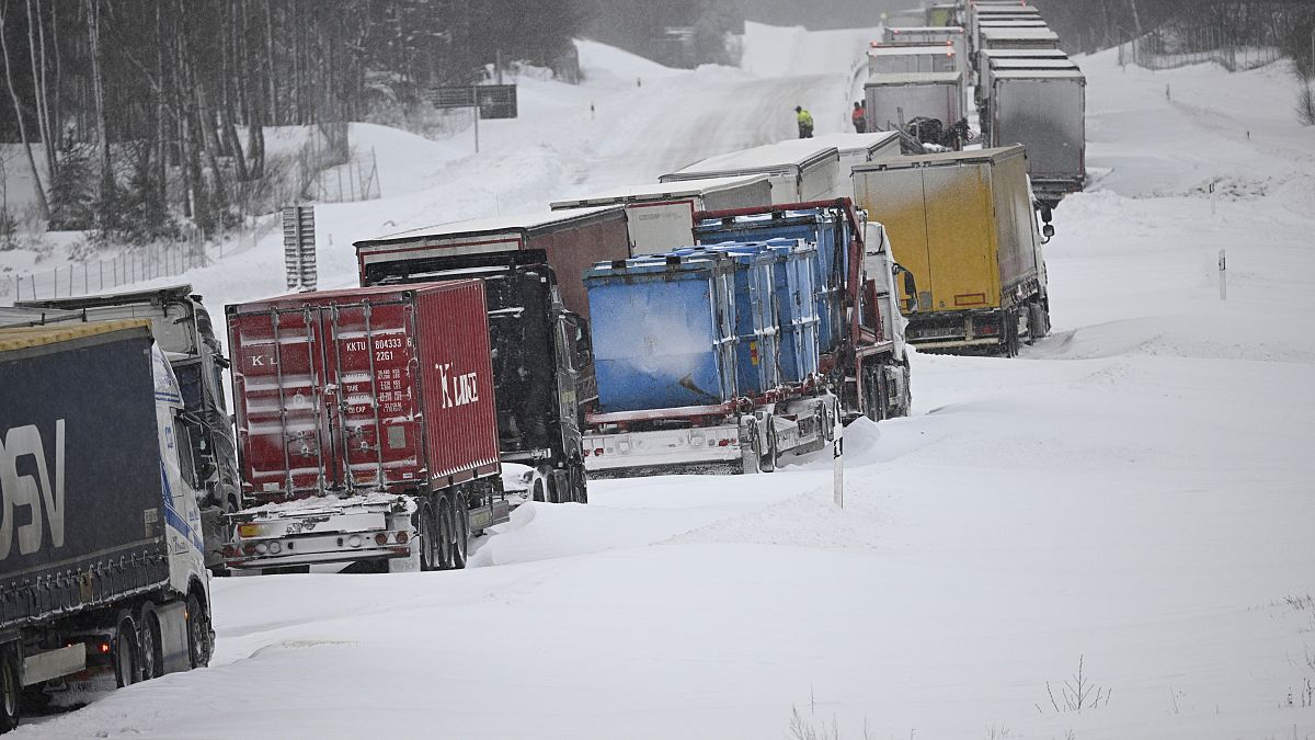 A large number of trucks are stuck on the E22 at Linderöd in southern Sweden, Thursday, Jan. 4, 2024. 