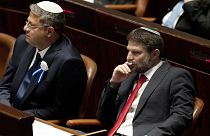Far-right Israeli lawmakers Itamar Ben Gvir, center, and Bezalel Smotrich