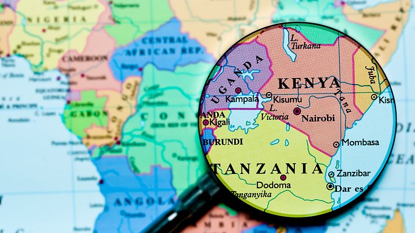 نقشه کشور اوگاندا و تانزانیا تا سواحل شرقی آفریقا