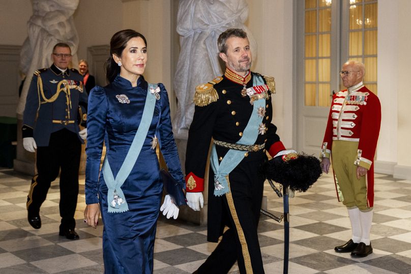 Danish Crown Prince Frederik and Danish Crown Princess Mary arrive to greet the diplomatic corps in occasion of the New Year at Christiansborg Palace, Copenhagen, Denmark