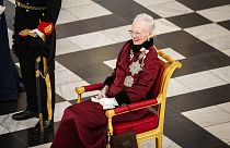 La regina danese Margrethe riceve il corpo diplomatico in occasione del nuovo anno al Palazzo di Christiansborg, Copenaghen, Danimarca, 3 gennaio 2024