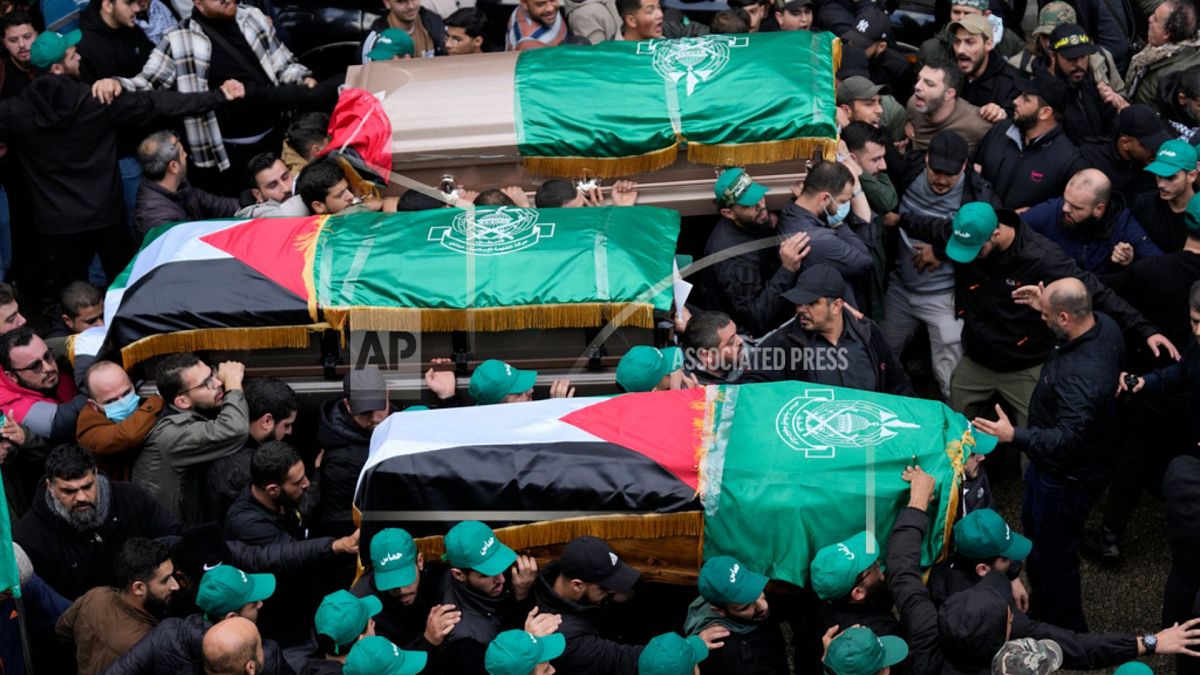 مراسم  تشییع جنازه صالح العاروری، فرمانده ارشد حماس که در یک همه هوایی در بيروت کشته شد 