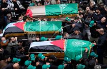 مراسم  تشییع جنازه صالح العاروری، فرمانده ارشد حماس که در یک همه هوایی در بيروت کشته شد 