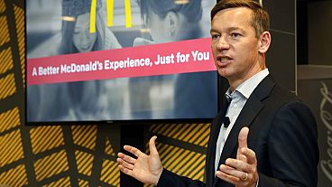 Chris Kempczinski, then-incoming president of McDonald's USA, speaks during a presentation at a McDonald's restaurant in New York's Tribeca neighborhood.
