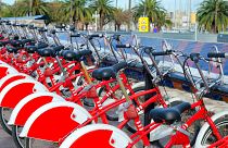 Bikes for rent on the waterfront in Barcelona.